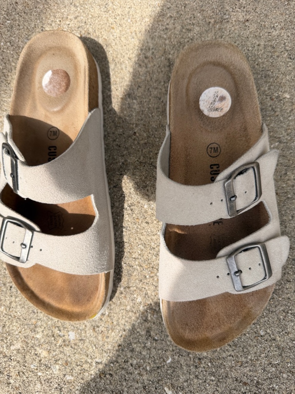 Double-Buckle Slide Sandals in Taupe Suede
